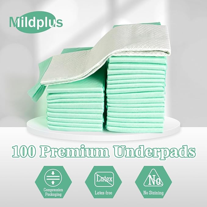 MILDPLUS 100 Count Disposable Bed Pads , 30x36 Inch Extra Large Incontinence Underpads | Heavy Absorbency 90 Grams Pee Pads for Adult, Senior, Baby & Pet Care (No Adhesive)