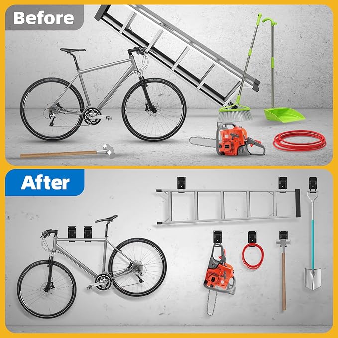 6 Pack Garage Hooks 10 INCH Heavy Duty Two-Tier Steel Shed Wall Mount Workshop Garage Storage Tool Organizer Hooks for Hanging Garden Tool, Hose, Ladder, Chairs, Bikes with Anti-Slip Coating