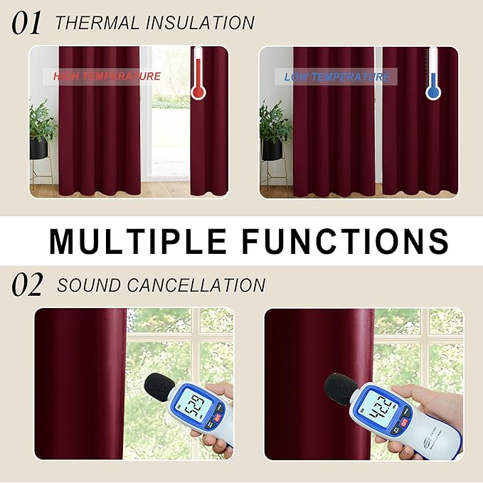 XWZO 100% Blackout Curtain Panels - Rod Pocket & Back Tab Thermal Insulated, Noise Reducing and Heat Blocking Drapes for Hall and Studio Windows with Tiebacks, Burgundy, W52 x L108, Set of 2