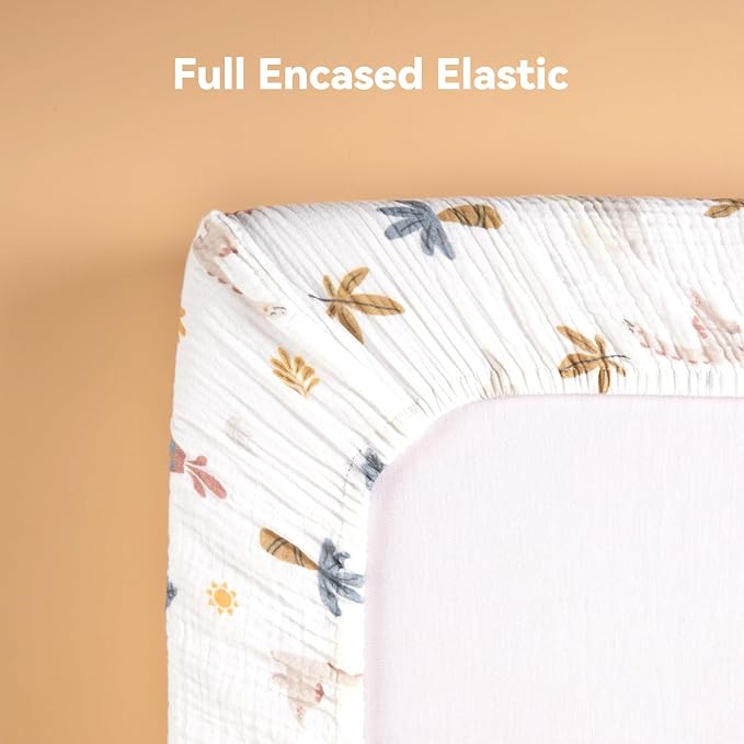 TILLYOU Muslin Mini Crib Sheets 2 Pack, Pack and Play Mattress Sheets Fitted for Pack N Play, 38 x 26 Sheet for Toddler, Dinosaur