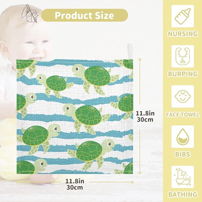 vvfelixl Baby Muslin Washcloths Cute Characters Green Turtles Baby Burp Cloths Cotton Baby Face Towel for Newborn Infants Boys Girls Soft and Absorbent 11.8 X 11.8 in, 3 Pack
