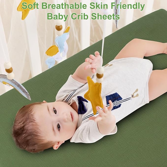 PET REJOIR Muslin Fitted Crib Sheets for Girls & Boys-2 Pack 28"x 52" Soft Baby Mattress Sheet-No Slip Boho Neutral Breathable Toddler Cotton Bedding Olive Green & Beige