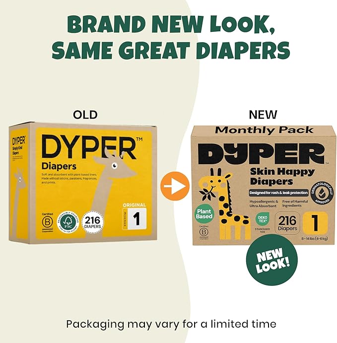 DYPER Monthly Pack Baby Diapers Size 1 (8-14 lbs) 216 Count - Leak-Proof & Plant Based, Hypoallergenic and Ultra Absorbent Size 1 Diapers for Day and Overnight Skin Protection (Packaging May Vary)