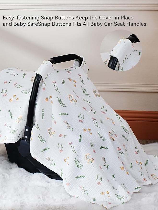 TILLYOU Baby Car Seat Cover, Breathable Muslin Cotton Infant Car Seat Cover, Lightweight Canopy with Sun and Bug Protection(Daisy)