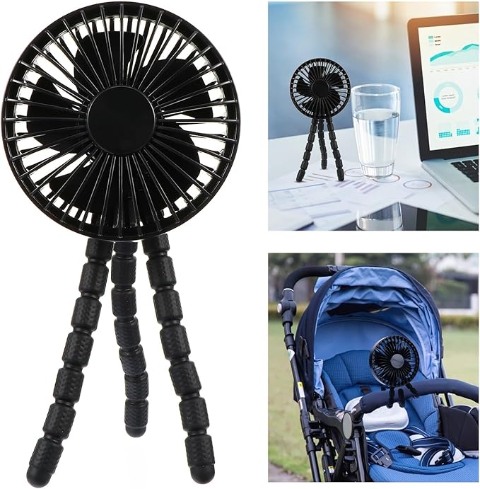 Milisten Portable Mini Stroller Fan with Flexible Tripod, Rechargeable Battery Operated Air Cooler for Outdoor Travel and Office Use, Black
