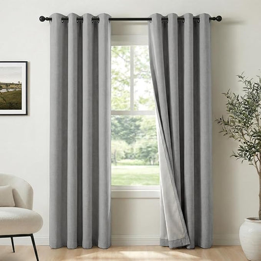 100% Blackout Shield Linen Blackout Curtains for Bedroom, Grey Grommet Curtains for Living Room, Thermal Insulated Room Darkening Drapes for Nursery, Boho Home Decor, 46" W x 54" L, 2 Panels