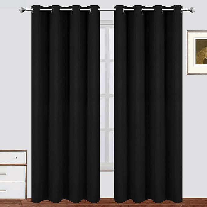 LEMOMO 100% Blackout Curtains 52 x 84 Inch Black Curtains 2 Panels Darkening Thermal Insulated Bedroom Curtains