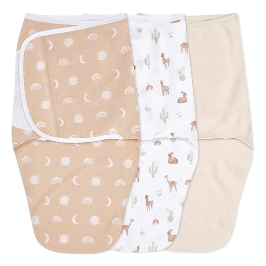 aden + anais Easy Swaddle Wrap, Newborn Wearable Swaddle Blanket, Adjustable Fasteners, 100% Cotton, 3 Pack, 0-3 Months, Desert Sun