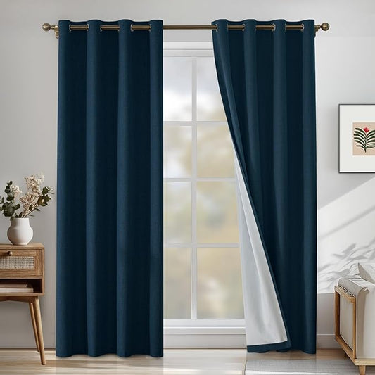 Linen 100% Blackout Curtains for Bedroom, Black Out Curtains 72 Inch Long, Room Darkening Curtains for Living Room, Long Curtain Grommets Drapes, Thermal Curtains(2 Panels, Dark Green)