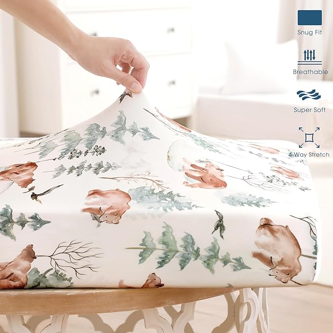 Stretchy Ultra Soft Jersey Knit Fitted Crib Sheets Set 2 Pack，Fit All Standard Crib Mattress Pads Safe and Snug, Stylish Pattren of Bear and Wolf Print