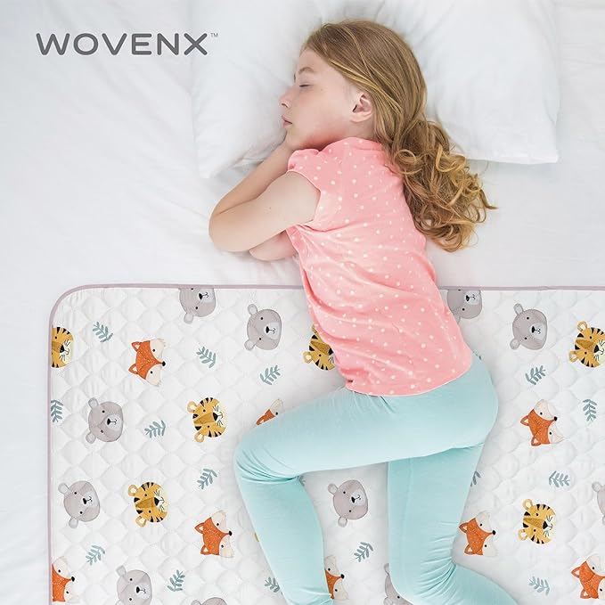 WOVENX Organic Incontinence Pads for Kids & Toddlers - 5 Layer Waterproof Protectors for Overnight Bed Wetting - Reusable & Washable Pee Pads - Fits Twin to Full Size Beds - 34" x 52" Tiger Bear Fox