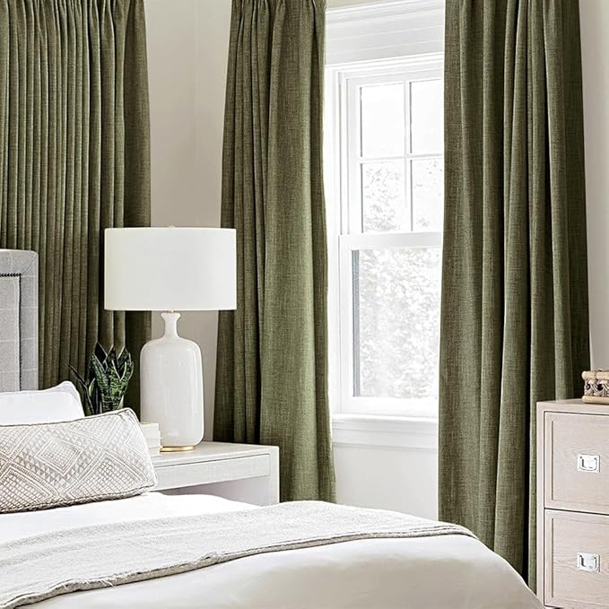 MIULEE Linen Texture Curtains for Bedroom Solid 100% Blackout Thermal Insulated Light Olive Green Curtains Grommet Room Darkening Drapes for Living Room Nursery 52x63 Inch (2 Panels)