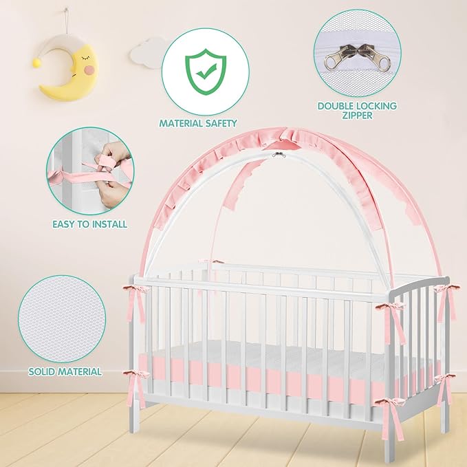Crib Tent - Crib Net to Keep Baby in, Stop Baby from Climbing Out of Crib, Pop Up Crib Tent with Durable Breathable Net Double Zipper Strong Rods Installation Convenience
