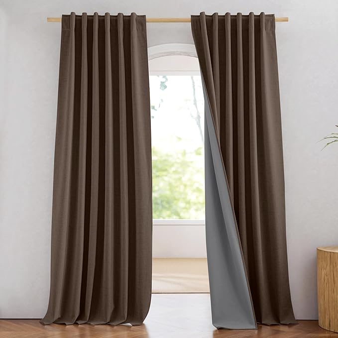 NICETOWN Coffee Vintage Linen 100% Blackout Curtains for Living Room, W52 x L90 in, Set of 2, Thermal Insulated Curtains with Light Blocking Liner, Noise Reducing Window Treatments for Home Cinema