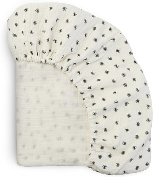 mushie Extra Soft Muslin Fitted Crib Sheet | 192 Thread Count | 28"x 52" (Black Daisy)