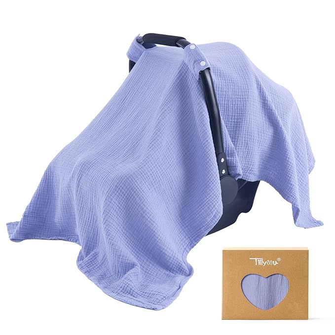 TILLYOU Baby Car Seat Cover, Breathable Muslin Cotton Infant Car Seat Cover, Lightweight Canopy with Sun and Bug Protection(Blue)
