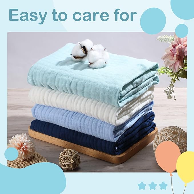 Peryiter 4 Pcs Muslin Hooded Baby Towels 32x32inch Cotton Newborn Bath Essentials Muslin Infant Blankets Absorbent Registry Baby Shower Present for Babies Girl Boy Kids (Blue Series)