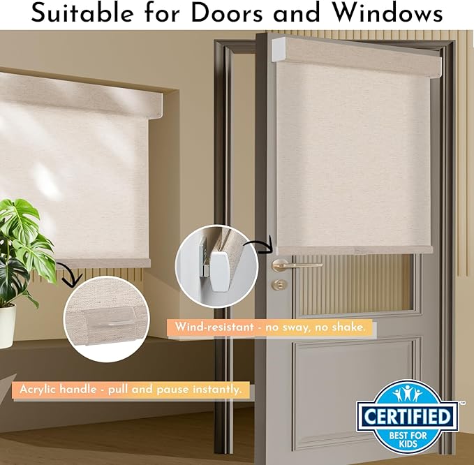 Persilux Light Filtering Roller Shades for Window Blinds,Cordless,Linen Fabric,Thermal Insulated Fabric UV Protection Shades for Home,Office,Bedroom,Door,Light Filtering-Beige,18" W X 64" H