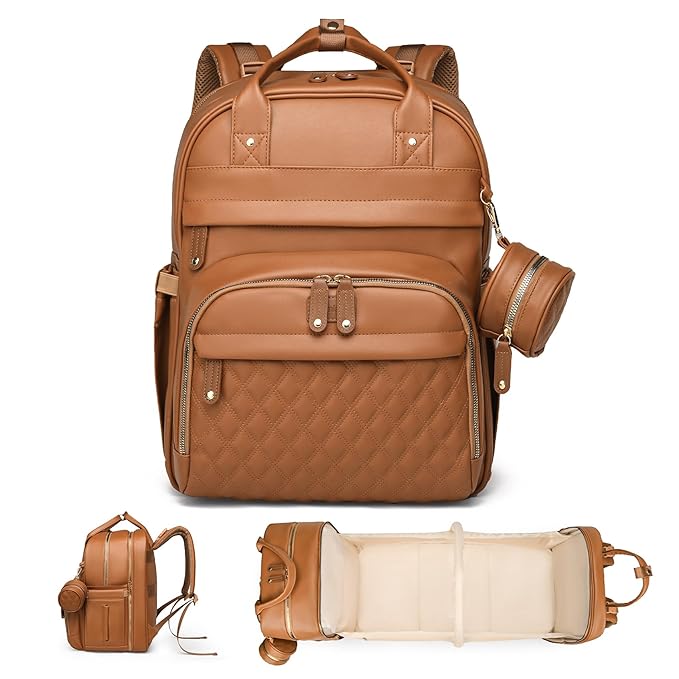 Leather Baby Diaper Bags with Changing Station,Extra large Capacity Baby Diaper Bag Backpack,Waterproof Baby Essentials(Brown)
