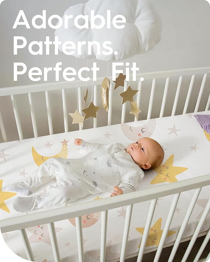 TotBasic Space Crib Fitted Sheet, Super Stretchy Jersey Star Crib Sheets, Buttery Soft Boy Crib Mattress Sheets, Ultra Breathable Baby Bed Sheets 28x52x9 Extra Deep Pocket, 2 Pack