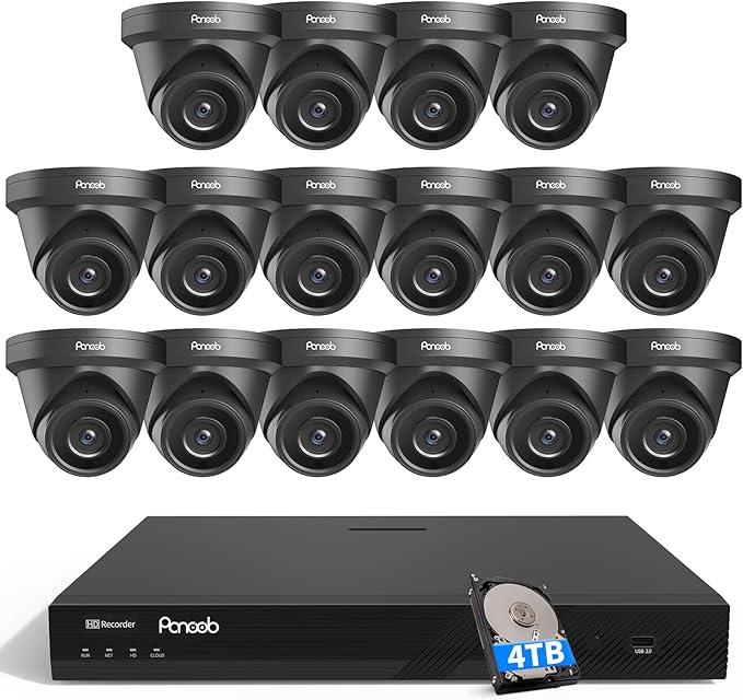 4K 16 Channel Security Camera System – 16x 5MP Wired IP Turret Dome Cameras with AI Human Detection, Built-in Mic, Remote Access, 4TB HDD NVR, 24/7 Recording, PD93A31616-5M-1