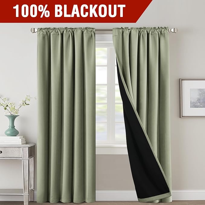 H.VERSAILTEX 100% Blackout Curtains for Bedroom with Black Liner Full Room Darkening Curtain 84 Inch Long Thermal Insulated Back Tab/Rod Pocket Window Treatment Drapes for Living Room, 2 Panels, Sage