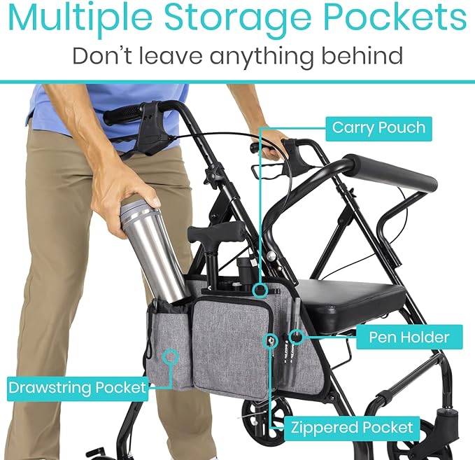 Vive Side Bag for Rollators, Wheelchairs, Walkers - Tote Organizer with Phone Pocket - Storage Travel Pouch - Small Hanging Stroller Accessories for Women, Men, Seniors - Non Slip Cup Holder