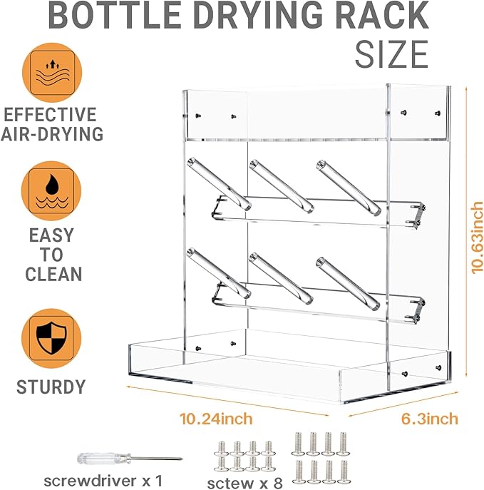 Heyrelda Baby Bottle Drying Rack Space Saving Vertical Acrylic Stand with Drip Tray – Clear Countertop Organizer for Bottles, Baby Accrssories – Fast Drying and Easy Cleanup - 10.3 x 6.3 x 10.6 in