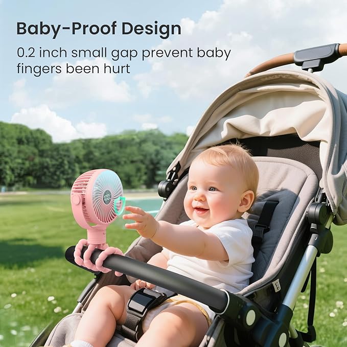 Portable Stroller Fan, 4000mAh Rechargeable Clip on Baby Fan 25H Battery Life, Head Detachable 360° Rotate Mini Fans, 4 Speed Personal Fans with Night Light for Car Seat Crib Bike Treadmill