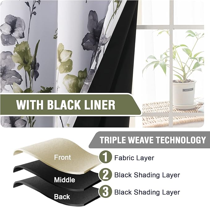 H.VERSAILTEX 100% Blackout Curtains 96 inch Length 2 Panels Set Cattleya Floral Printed Drapes Leah Floral Thermal Curtains for Bedroom with Black Liner Sound Proof Curtains, Grey and Olive