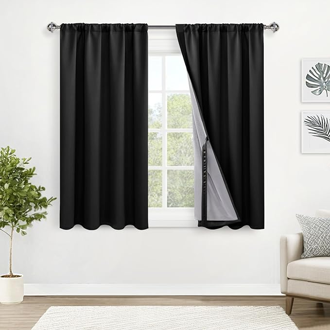 XWZO 100% Blackout Curtains with Tiebacks- Rod Pocket & Back Tab, Thermal Insulated Double Layer Window Drapes with Black Liner for Bedroom/Living Room, Black, W52 x L45 Inches Long, Set of 2