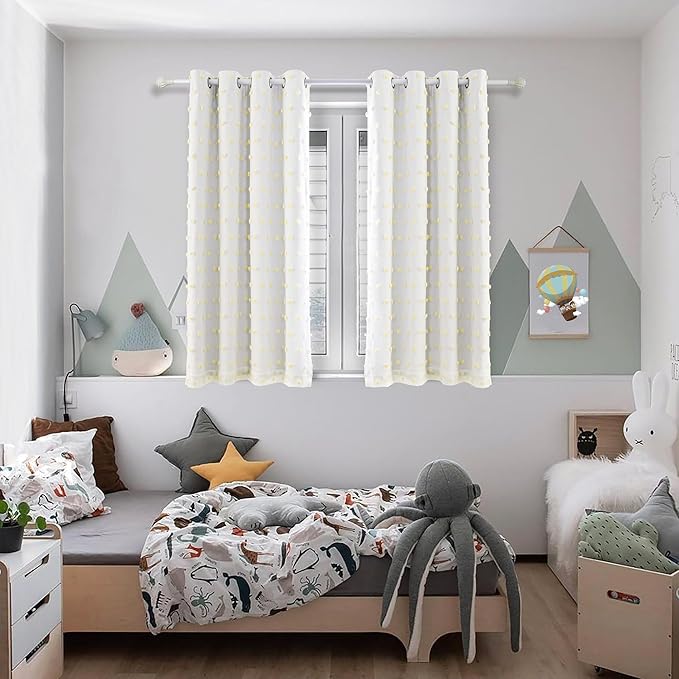 MYSKY HOME 100% Blackout Curtains for Nursery Thermal Insulated Yellow Pom Pom Curtains 63 Inch Length for Girls Bedroom 2 Panels Grommet White Sheer Curtains for Dining Room, 52W x 63L