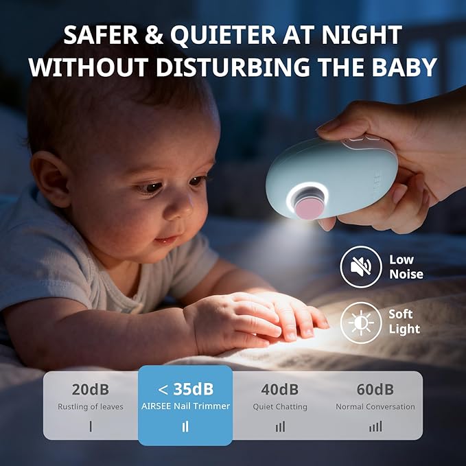 AIRSEE Premium Newborn Gift, Electric Baby Nail File, Cordless Safe Infant Nail Trimmer with 6 Replacement Pads, Magnetic Rechargeable Base, 360° LED Light, Baby Grooming Kit Gift (Light Blue)