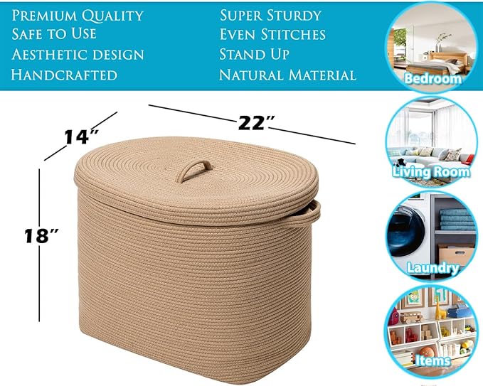 22"x14"x18" Rectangular Extra Large Storage Basket With Lid, Large Cotton Rope Storage Basket, Woven Laundry Hamper, Cloth Storage Bin, for Clothes Towels Blankets in Living Room, All Beige