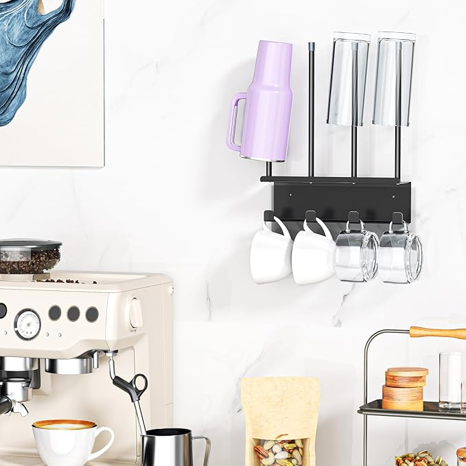 Wall Mounted Water Bottle Drying Rack, Baby Bottle Dryer Rack, Metal Cup Rack Dryer Stand, Mug Holder with Storage Rack, Mug Hooks for Bottle Cap, Bottle Drying Rack for Cups, Plastic Bags (Black)
