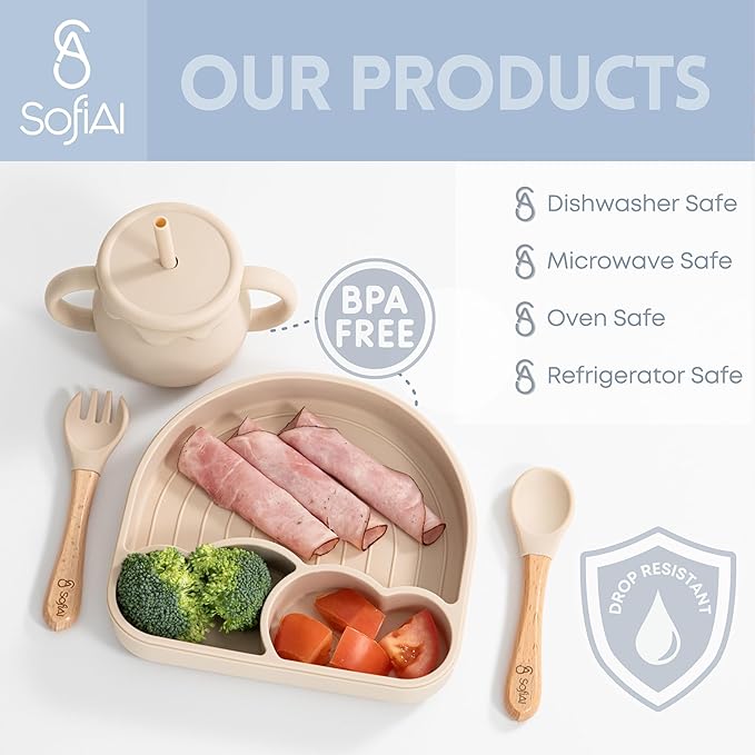 SofiAl All In One Silicone Feeding Set - Safe for 6-12 Months - Non-Toxic Baby Led Weaning Supplies - Toddler Self Feeding Utensils - BPA-Free - Mess Free Essentials