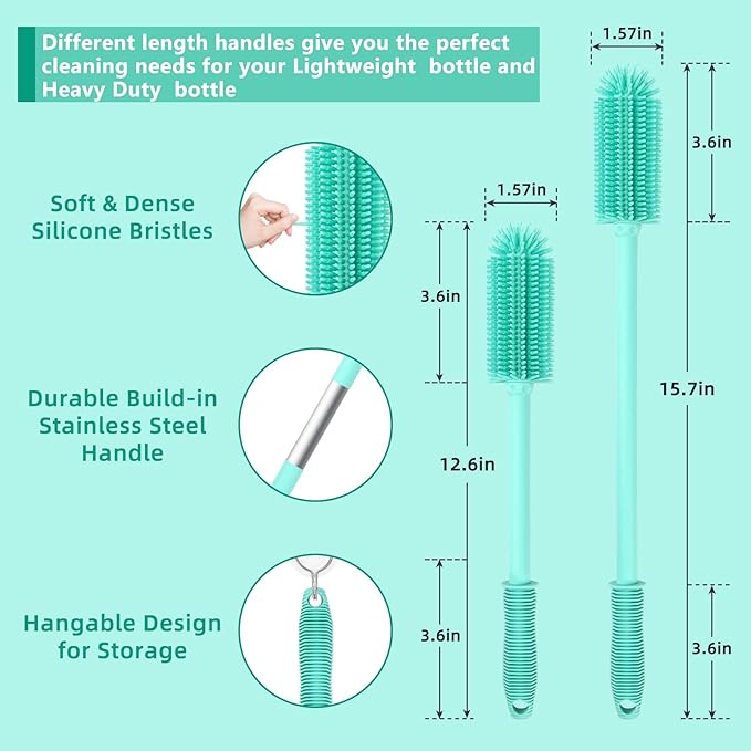 Silicone Bottle Cleaning Brush | 2 Pack| Water Bottle Brush Cleaner Brush for Hydro Flask,Glassware,Vacuum Sports Bottle&Vases,Water Bottle Cleaner Brush for Narrow Neck Containers