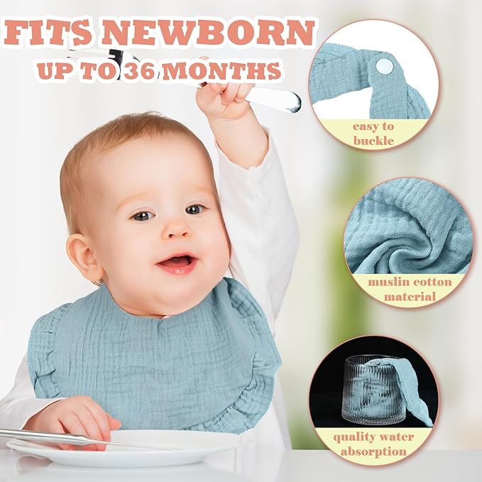 Seematn 10 Pcs Baby Muslin Bibs for Unisex Girls & Boys Drool Bibs Bandana Ruffle Soft Cotton for Newborn Infants Toddlers(Gentle Colors)