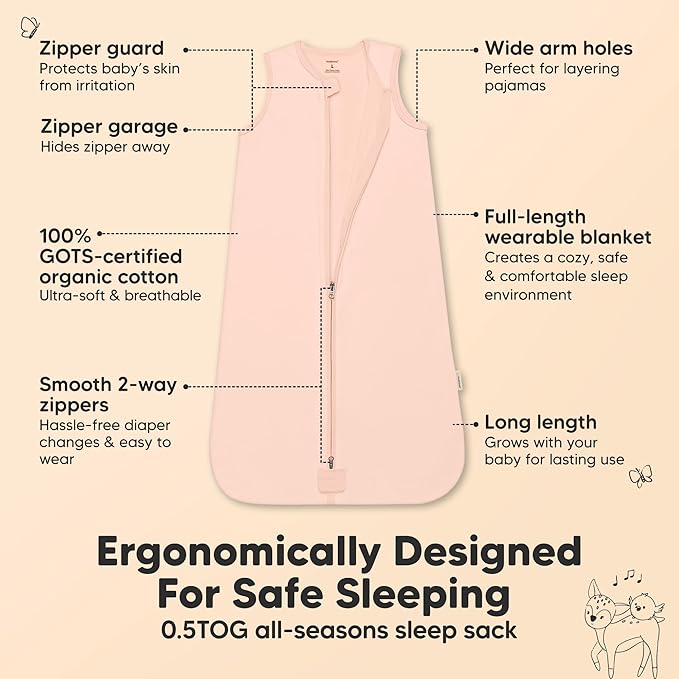 2-Pack Baby Sleep Sacks, Zipper Wearable Blanket - 0.5TOG Organic Cotton, Lightweight, Soft Cozy Infant Sleeping Sack 3-6 months, Easy to Wear Small Newborn Transition Swaddles Sleepsacks (Mist Rose)