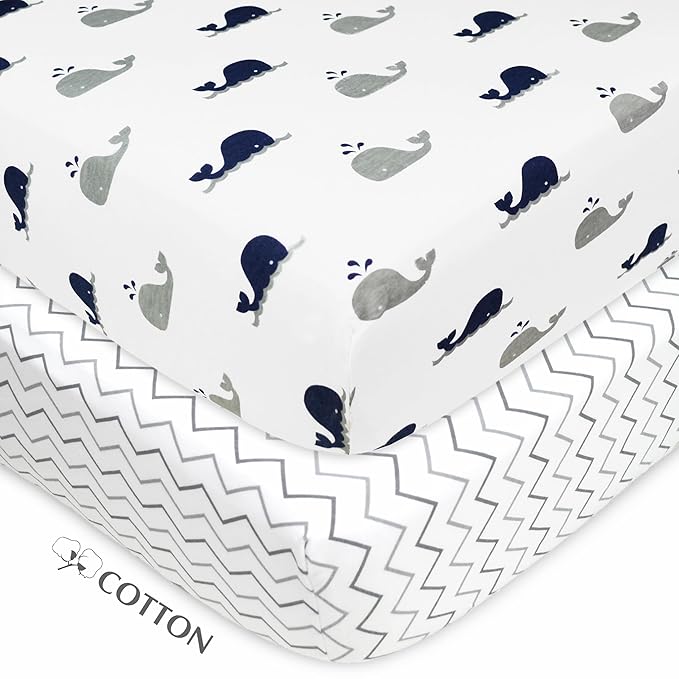 American Baby Company 2 Pack 100% Natural Cotton Fitted Crib Sheets 52" x 28" - Soft, Breathable, Hypoallergenic & Gentle Toddler Bed Sheets, Navy Whale/Grey Zigzag, Neutral for Boys & Girls