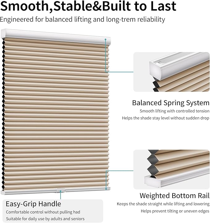 MYshade Cordless Blackout Cellular Shades for Windows, Honeycomb Window Shades with Thermal Insulation, Child & Pet Safe Room Darkening Shade, Easy Install, 23" W x 64" H, Beige