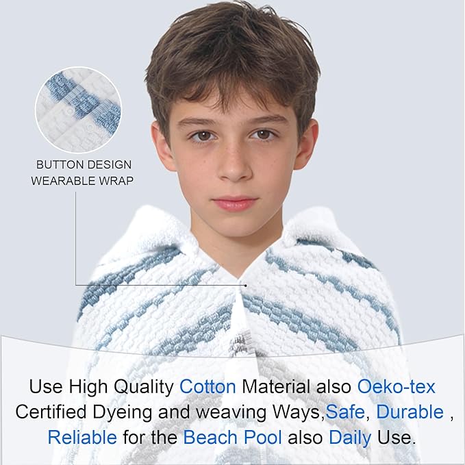 VOOVA & MOVAS Hooded Bath Towel for Teens/Big Kids (8-14 Years,64"X33") | Soft Quick Drying Absorbent 100% Cotton Thick Towel Wrap | Versatile Beach, Pool, Swim & Bathroom Cover-Up | Blue Gray Stripe
