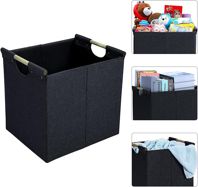 HOONEX Collapsible Storage Bins, 12x12x12in Storage Cubes Linen Fabric, 3 Pack, Storage Baskets with Wooden Carry Handles and Sturdy Heavy Cardboard, for Home, Office, Car, Nursery, Dark Grey
