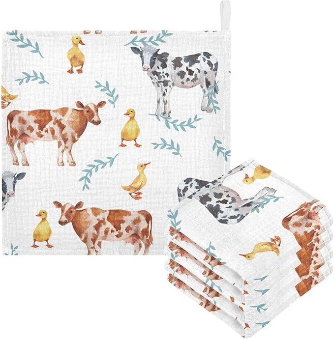 vvfelixl Farm Animals Cows Duckling Baby Burp Cloths Baby Muslin Washcloths for Boys Girls Cotton Baby Face Towel for Newborn Infants Soft and Absorbent 11.8 X 11.8 in, 5 Pack