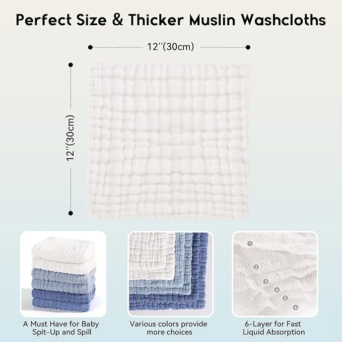 Unnivoll Muslin Baby Washcloths 6 Pack, 100% Cotton Wash Cloths for Babies, Large 12''X12'' Burp Cloths Absorbent and Soft for Newborn Infants Kids Boys Girls - Gradient Blue