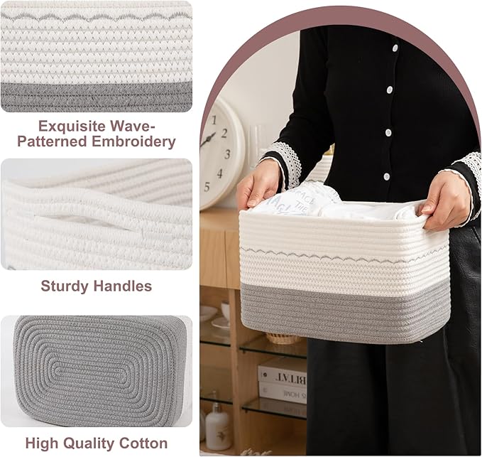 4 Pack Storage Baskets for Organizing, 13"X9"X7.87", Decorative Cotton Rope Baskets for Shelves, Small Woven Basket for Toys, Books and Towels, Grey & White