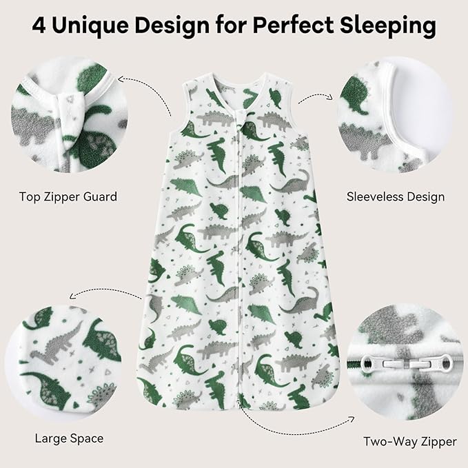 Unnivoll Fleece Baby Sleep Sack 12-18 Months 1.0 Tog Baby Wearable Blanket Microfleece Sleeping Sack with 2-Way Zipper for Toddler Infant Grey & White Dinosaur