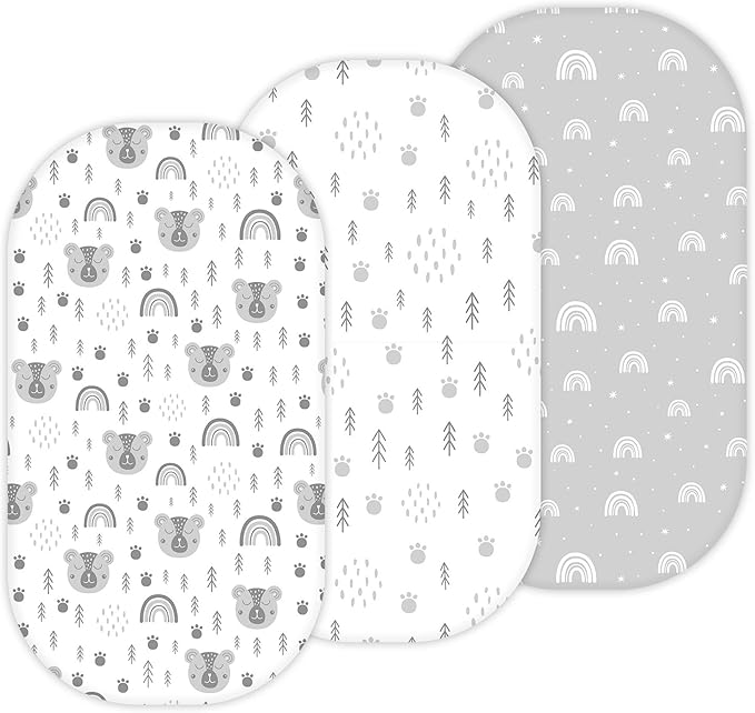 Bassinet Sheets for Dream On Me Karley, Lacy, Poppy, Chicco LullaGlide, Ingenuity Foldaway Rocking, Safety 1st Nap and Go, 3 Pack, 33 x 17, Ultra Soft, Unisex Boys Girls, Gray (Woodland Rainbow)