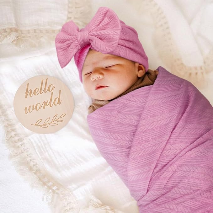 DRESHOW BQUBO Baby Swaddle Blankets for Girls, 4PCS Newborn Accessories Set with Matching Hat and Bow Headband with Hello World Wooden Birth Announcement Card