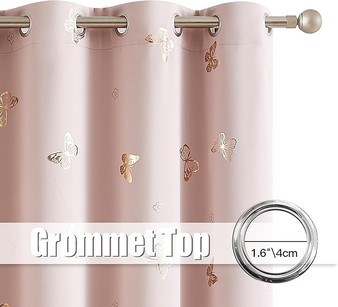 Jubilantex Metallic Butterfly Blackout Curtains 54" Long for Small Window Pink and Gold Print Butterfly Curtains Energy Saving Grommet Top for Bedroom Girls Room,52 W